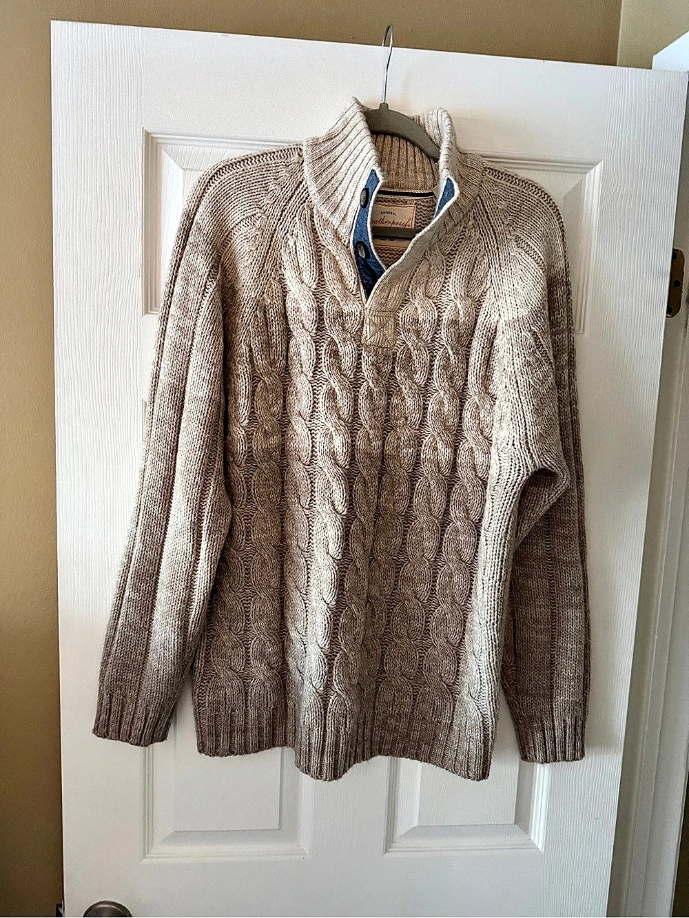 Men’s Beige Sweater | Cable-Knit Mock-Neck Quarter-Button Sweater